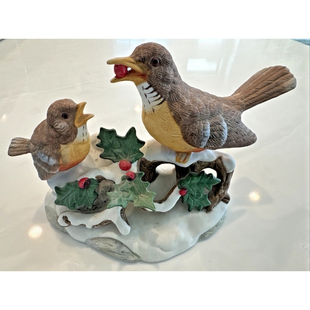 Vintage Taiwan Ceramic Bird Figurine Parent Feeding Baby Bird Holly Snow